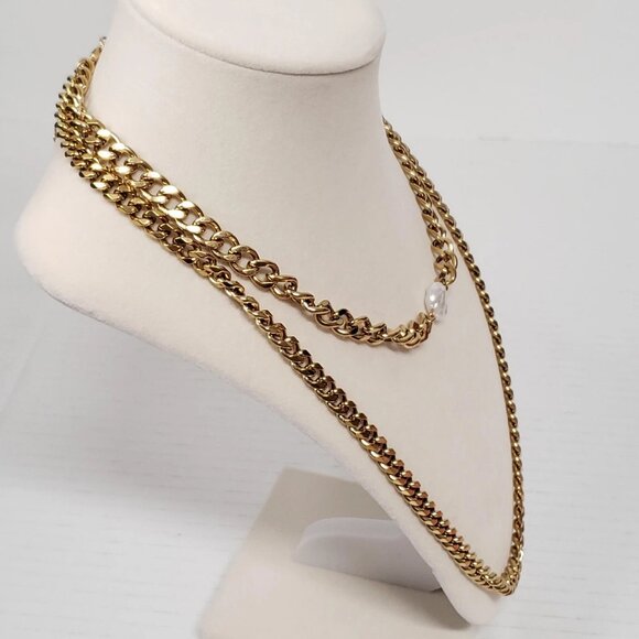 Auth Louis Vuitton Lock&Key Gold w/Unbranded Cuban Style Stainless Double Chain - Picture 13 of 14